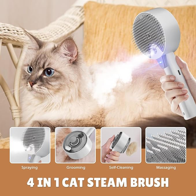 Cat Steam Brush,Cat Brushes for Indoor Cats, 4 In 1Spritz Spray Defur Comb, Cloud Care Shedding Control, Pet Grooming Brush for Long Short Hair Cats Dogs, Massage Clean Design Pet Steam Brushes-Mewly Pet