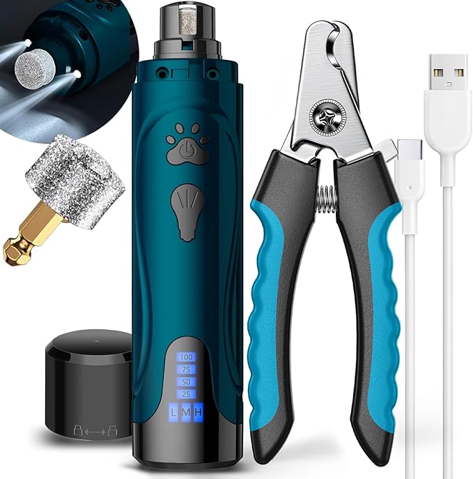 Dog Nail Trimmers and Dog Nail Clippers Kit, Whisper Quiet Electric Grinder with Light, for Small, Medium, Large Dogs, Cats Toenail Grooming, 3 Speeds-Mewly Pet