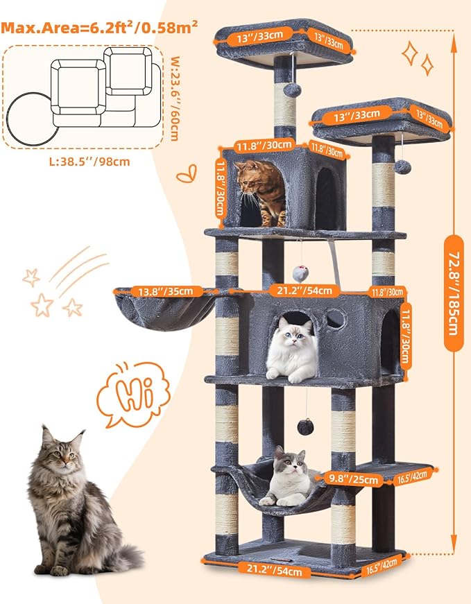 Taoqimiao Large Cat Tree，73-Inch Cat Tree Tower with 9 Scratching Posts for Indoor Cats, 2 Large Cat Condo with Hammock, Hanging Basket, 2 Extended Platform, Smoky Gray MS013XLG-Mewly Pet