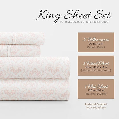 Linen Market 4 Piece King Sheet Set - Breathable, Double-Brushed Patterned Cooling Sheets – Oeko-TEX Certified Ultra Soft & Wrinkle-Free 16" Deep-Pocket King Sheets - Easy Care Classic in Pink