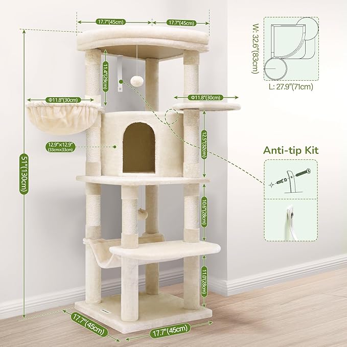 Globlazer Corner Cat Tree, 51in Curved Series Modern Cat Tower for Indoor Cats with Hammock, 7 Sisal Scratching Posts, Large Fan-Shaped Platform for Large Cats, Cat Condo & Hanging Basket, C51, Beige-Mewly Pet