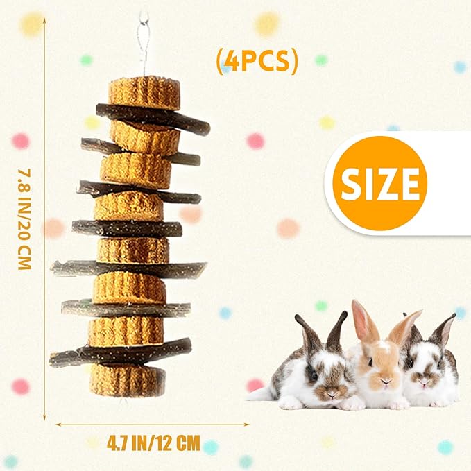 kathson Natural Small Animal Chew Toys for Teeth,4 PCS Rabbit Hanging Chewing Treats with Natural Organic Apple Stick Timothy Grass Carrot Cake for Hamsters Squirrel Guinea Pig Rabbits-Mewly Pet