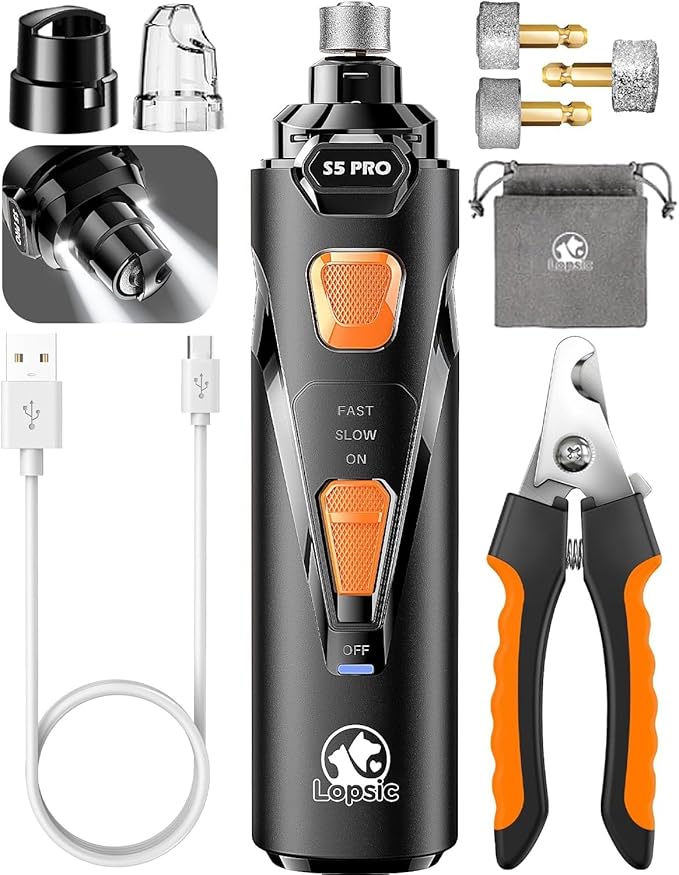 Dog Nail Grinder with 2 LED Lights Powerful 2 Speeds Super Quiet Dog Nail Trimmers with 3 Grinding Wheels Rechargeable Pet Dog Nail Clippers for Large Medium Puppy Dogs Dog Nail File Cat Nail Clipper-Mewly Pet