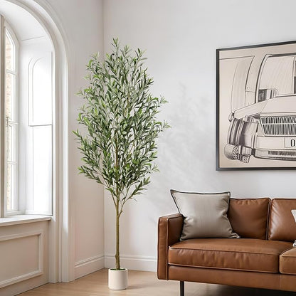 Alupssuc 7FT Artificial Olive Trees, Faux Silk Plant with Lively Artificial Trunk and Lifelike Fruits, Indoor Fake Potted Tree with White Planter for Modern Home Office Living Room Decor
