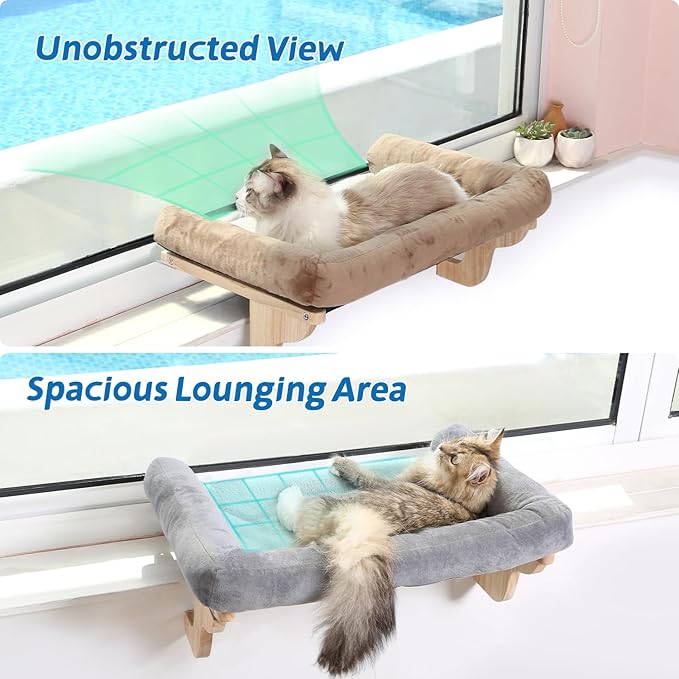 Cat Perch for Window Sill with Bolster - Orthopedic Hammock Design with Premium Hardwood & Robust Metal Frame - Cat Window Seat for Large Cats and Kittens - Natural Color Wood with Brown Bed-Mewly Pet