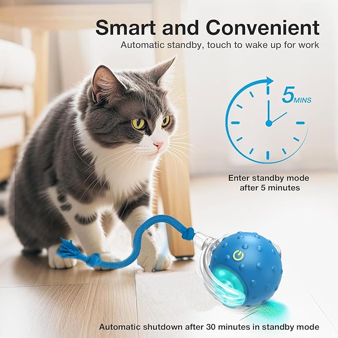 Interactive Cat Toys Ball - 2025 New Gen with Smart Obstacle Avoidance,Bird Chirps & Auto Wake-Up,Includes 1 Speedy Tail 2.0 Ropes, Ideal Kitten Toys for Bored Indoor Cats (Blue)-Mewly Pet