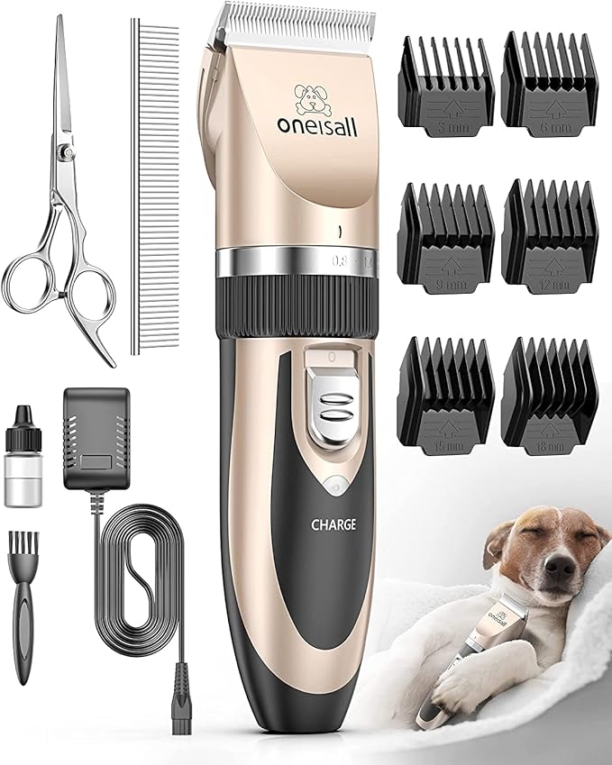 oneisall Dog Clipper Low Noise, Dog Grooming Kit with Rechargeable, Dog Shaver Cordless Electric Quiet Hair Clipper Set for Dog Cats Pets（Gold）-Mewly Pet