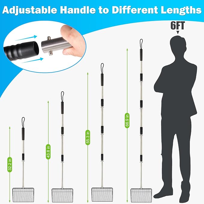 10 inch Large Chicken Poop Scooper,4 in1 Chicken Coop Poop Shovel,Adjustable 32" to 67" Stainless Steel Chicken Coop Scoop,Litter Sifting Shovel Poop Scooper for Chicken Coop Pet Waste-Mewly Pet