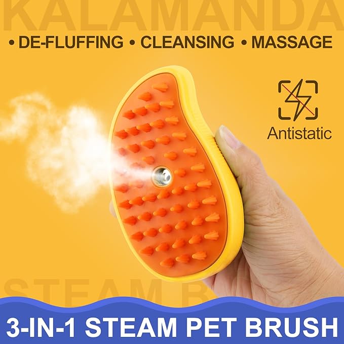 KALAMANDA Cat Steam Brush, 3 in 1 Dog Steamy Brush Cleanser, Silicone Massage Grooming Comb, Pet Hair Cleaning Misting Comb for Cats Dogs(Mango Yellow)-Mewly Pet