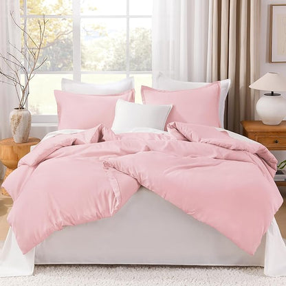 Litanika Pink Comforter Set King Size, 3 Pieces Aesthetic Soft Solid Bedding Comforter Set, All Season Bed Set (104x90In Comforter & 2 Pillowcases)