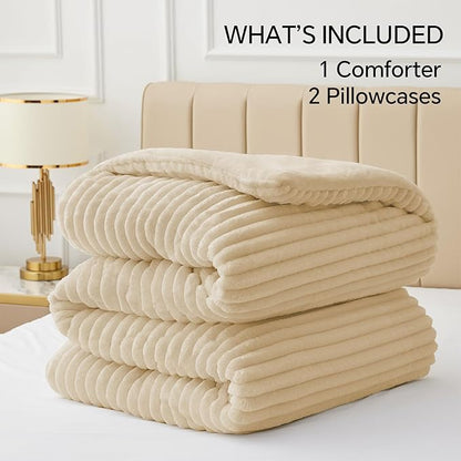 BEDELITE Fleece Queen Comforter Set -Super Soft & Warm Fluffy Beige Bedding, Luxury Fuzzy Heavy Bed Set for Winter with 2 Pillow Cases