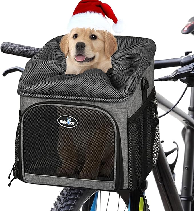 Dog Bike Basket Carrier, Pet Bicycle Front Carrier Backpack for Bike Riding Foldable Removable, Reflective Strips, 2 Side Storage Pockets, Pet Travel Bag for Cats Small Dogs-Mewly Pet