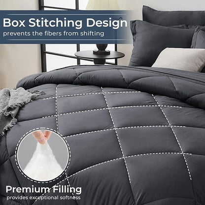 HEVUMYI King Comforter Set - 7-Piece All Season Bed in a Bag King, Ultra Soft Bedding Set with Comforter, Flat Sheet, Fitted Sheet, Pillowcases, Pillow Shams, Dark Grey