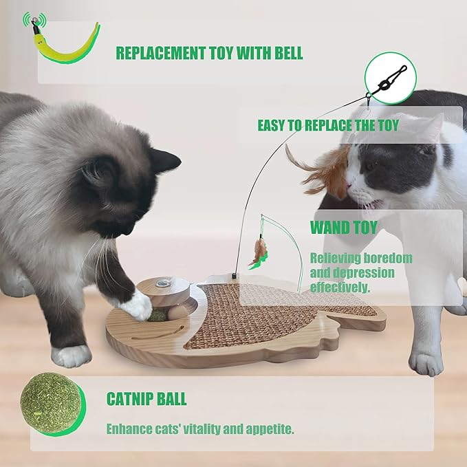 Petest Interactive Cat Toy Natural Sisal Cat Scratcher Toy with Catnip Balls, Fish Design-Mewly Pet