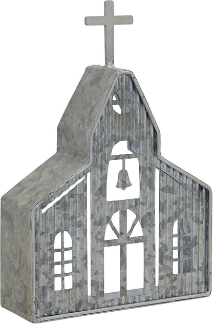 Church Shaped Tea Light Candle Holder Farmhouse Galvanized Metal Candle Holder Vintage Decorative Tealight Holder for Table Centerpiece Decoration - 6.22" x 1.97" x 9.25"