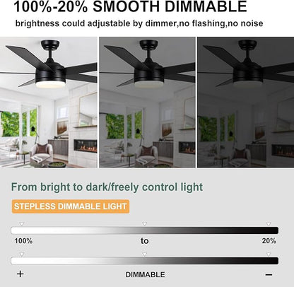 YUHAO 60 Inch Black Ceiling Fan with Light and Remote Control.Noiseless,Dimmable,3CCT,6 Speeds Reversible, DC Ceiling Fans for Indoor or Covered Outdoor