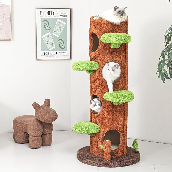 Magic Forest Cat Tree Tower, 62 inches Tall, Real Solid Wood Cat Tree for Multi-Cat Household-Mewly Pet