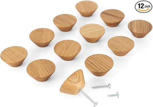 12 Pack Wood Cone Cabinet Knobs (Light) - 1 ½ " Diameter Round Shape - Wooden Drawer Pulls for Cabinets Doors, Dresser and Drawers Knob, Kitchen Cabinet Door Handle