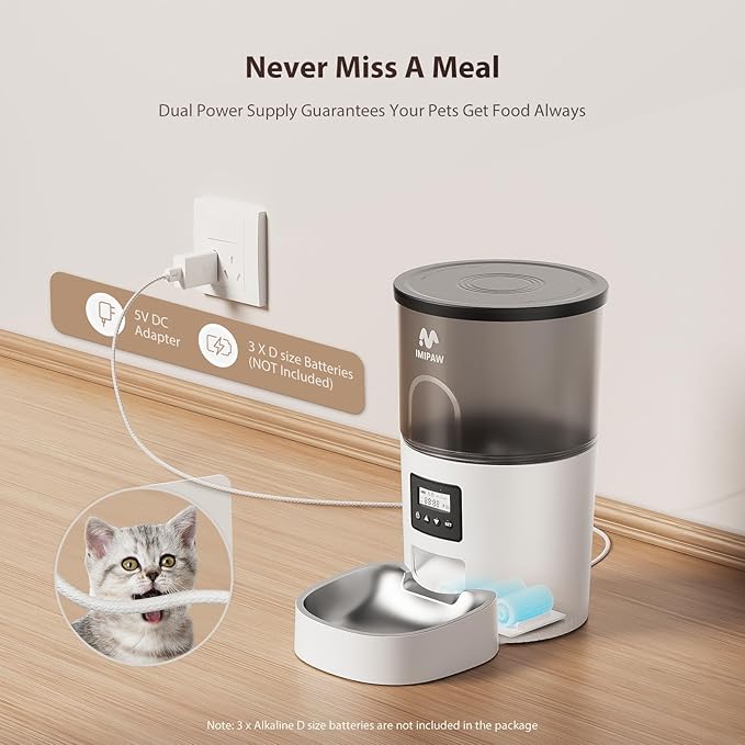 Automatic Cat Feeder, 3L Timed Pet Dry Food Dispenser with Clog-Free Design, Auto Feeder for Cats, 1-6 Meals Per Day,with Stainless Steel-Mewly Pet