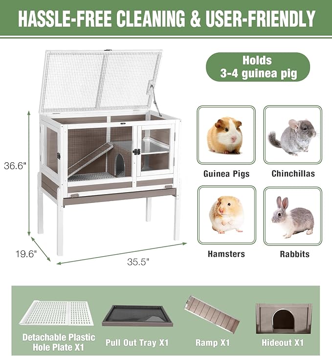 GUTINNEEN Guinea Pig Cage Rabbit Cage Indoor with Chew-Proof Edges, Clean Deep Tray, Leakproof PVC Layer, Small Animals Cage with Adjustable Legs - Brown-Mewly Pet