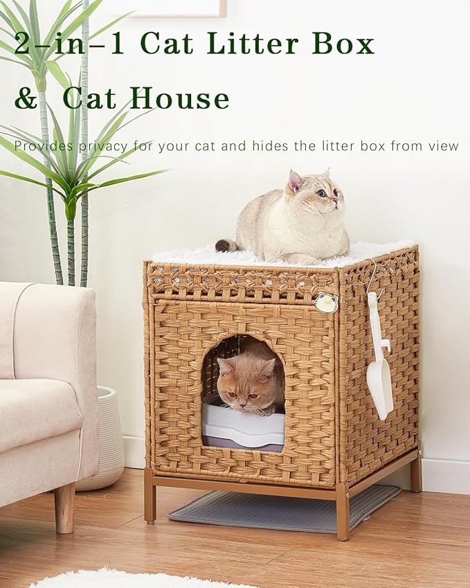 Cat Litter Box Enclosure Hidden Litter Box Furniture with Metal Heightened Feet, Rattan Handwoven Cat House with Litter Mat, Hidden Litter Box Furniture for Bedroom Living Room Natural-Mewly Pet