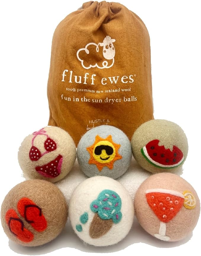 Fluff Ewes Wool Dryer Balls 6 Pack Premium New Zealand Wool Laundry Balls for Dryer, No Static Dryer Balls Laundry Reusable, XL Wool Dryer Balls Cute, Baby Dryer Balls for Dryers - Fun in The Sun-Mewly Pet