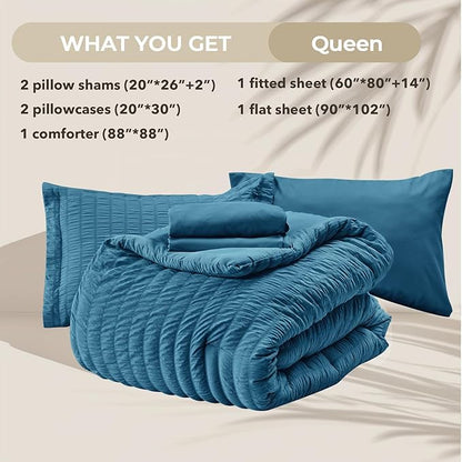 HYMOKEGE Teal Queen Comforter Set Seersucker 7 Pieces, All Season Luxury Bed in a Bag for Bedroom, Bedding Set with Comforters, Sheets, Pillowcases & Shams