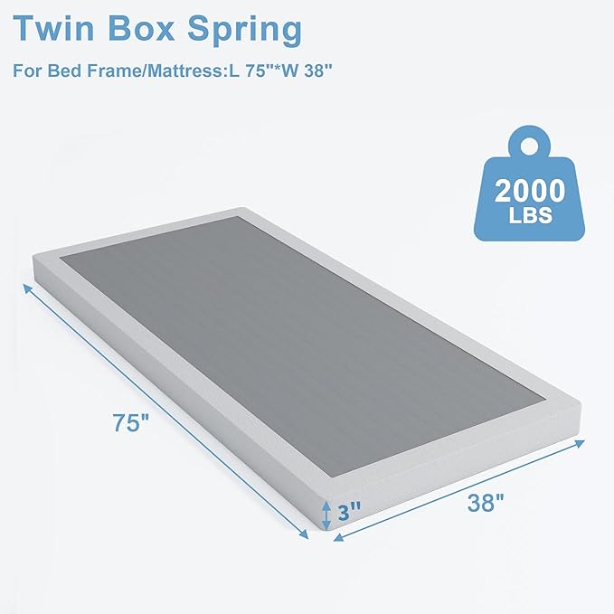 Low Profile Box Spring Twin,3 Inch Box Spring for Twin Size Bed,Heavy Duty Bed Base,Metal Mattress Foundation,Easy Assembly/Noise Free/Non Slip