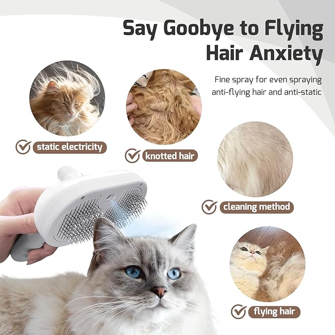 Cat Steam Brush for Shedding, 3 In 1 Steam Pet Brush Self Cleaning, Dog Brush for Long and Short Hair Dogs and Cats, Pet Grooming Comb Remove Tangled Loose Hair, Type-C Fast Charging (White)-Mewly Pet