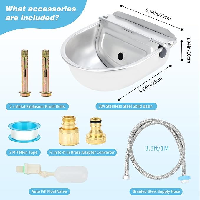 FHTONGE 304 Stainless Steel Automatic Water Dispenser with Drainage for Outdoor Big Dog, Large Auto Fill Dog Waterer Float Valves for Livestock Poultry Horse Cow Goat Pig Chicken Duck Rabbit Drinking-Mewly Pet