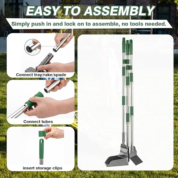 Pooper Scooper, Long Handle Dog Pooper Scooper, Heavy Duty Stainless Steel Rake with Tray & Spade Set for Pet Waste Removal, for Grass, Dirt or Gravel - Green-Mewly Pet