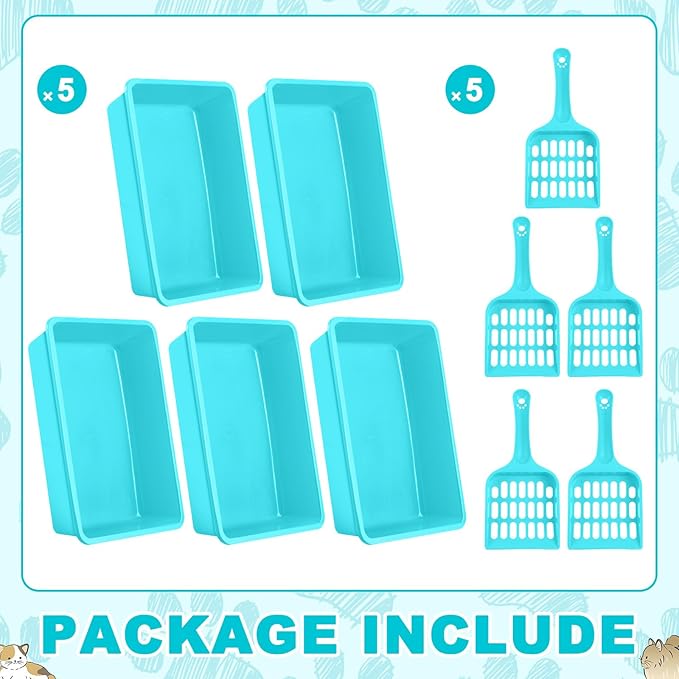 Amyhill 5 Pcs Open Cat Litter Box Kitten Litter Pan with 5 Scooper Medium Plastic Pet Tray Durable Nonstick Kitten Box for Indoor Pets Cats Rabbit Supply Easy to Clean, 14.6x10.6x3.4 Inch (Blue)-Mewly Pet