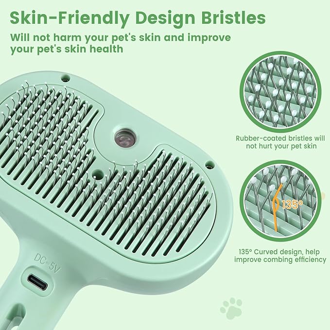 3 in 1 Cat Steam Brush, Pet Spray Hair Removal Comb for Shedding & Grooming, Water Brush for Cats Dogs Small Animals Long Short Haired with One-Click Release Button(Green)-Mewly Pet