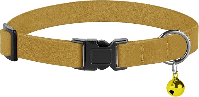 Breakaway Cat Collar Leather with Removable Bell - 13 Colors Available - Soft Adjustable Girl Boy Safety Lightweight Pet Kitten Collars Pink Brown Blue Green Red Orange Black (Mustard)-Mewly Pet