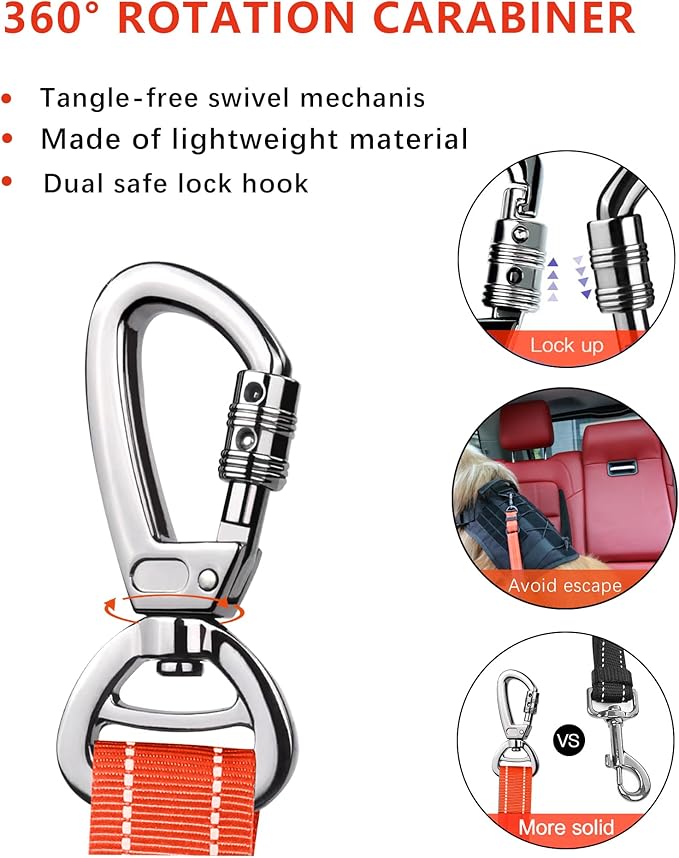 AUBELL Dog Seat Belt for Car,2 Pack Set 3-in-1 Adjustable Reflective Bungee Heavy Duty Dog Car Harness Tether with Clip Hook Latch & Buckle,Swivel Zinc Alloy Carabiner,Black+Orange-Mewly Pet