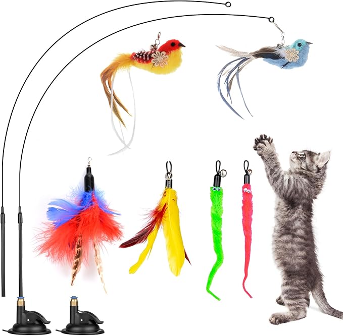 Cat Feather Toys, 10PCS Toys with Super Suction Cup, 2PCS Detachable Wand & 6PCS Replacement Teaser Refills, Interactive Indoor Cat Play-Mewly Pet