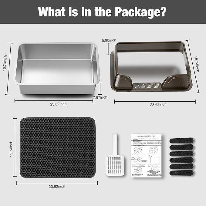 Suhaco Extra Large Stainless Steel Litter Box with Lid XXXL High Sided Cat Litter Boxes Included Litter Mat & Litter Scoop Anti-Urine Leakage Metal Pet Toilet for Big Cats (Black XXXL)-Mewly Pet