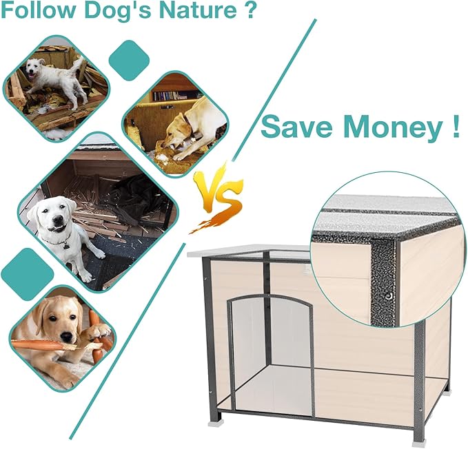 Indoor Outdoor Dog House,Anti-Chewing Iron Frame Dog Kennel,Wood Warm Pets Home,Weatherproof Outside Shelter (43.3" (L) x 29.4" (W) x 33.4" (H) Brown)-Mewly Pet