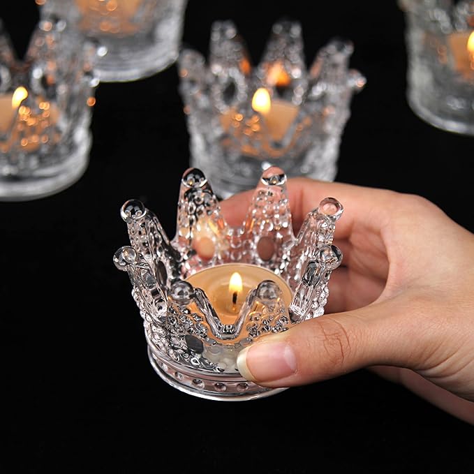 Vixdonos Crown Glass Tealight Candle Holder Set of 12 Clear Votive Candle Holders for Wedding, Party and Home Decor