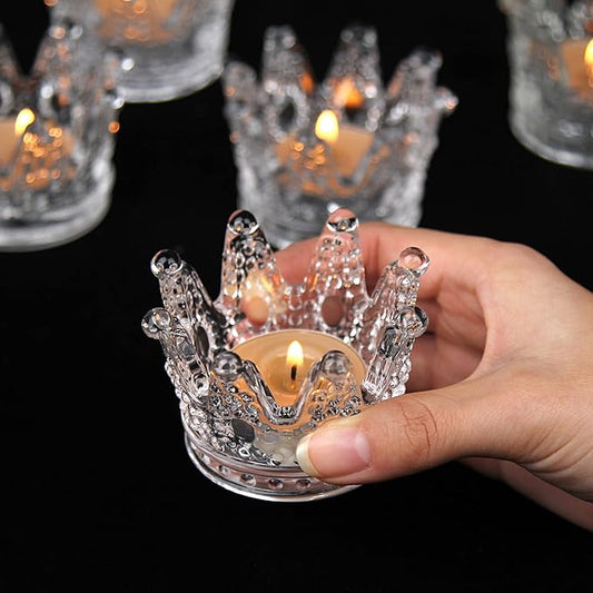 Vixdonos Crown Glass Tealight Candle Holder Set of 12 Clear Votive Candle Holders for Wedding, Party and Home Decor