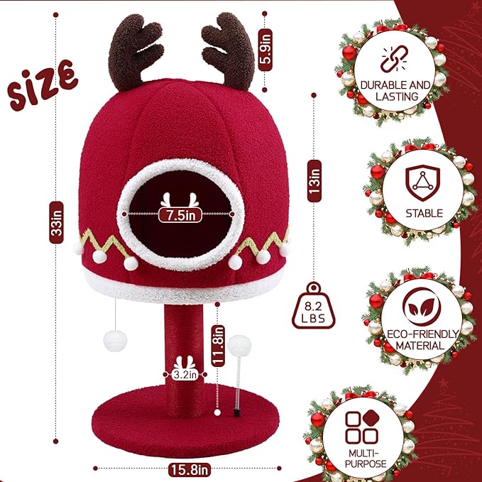 Luxury Treehouse Cat Tree for Indoor Large Cats,54.7'' Tall Modern Wood Cat Tower with 3 Level House,4*Cozy Perch,1*Soft Viewing Bed,Heavy Duty Wide Base,Sisal Scratching Post (33inch)-Mewly Pet