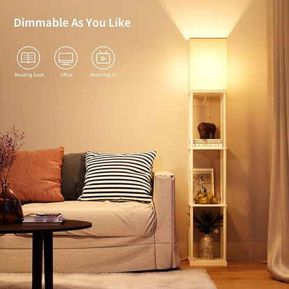 SUNMORY Shelf Floor Lamp with 3-Way Dimmable LED Bulb, Modern Square Standing Lamp with Shelves and White Shade, Corner Display Bookshelf Lamp for Living Room and Bedroom(White)