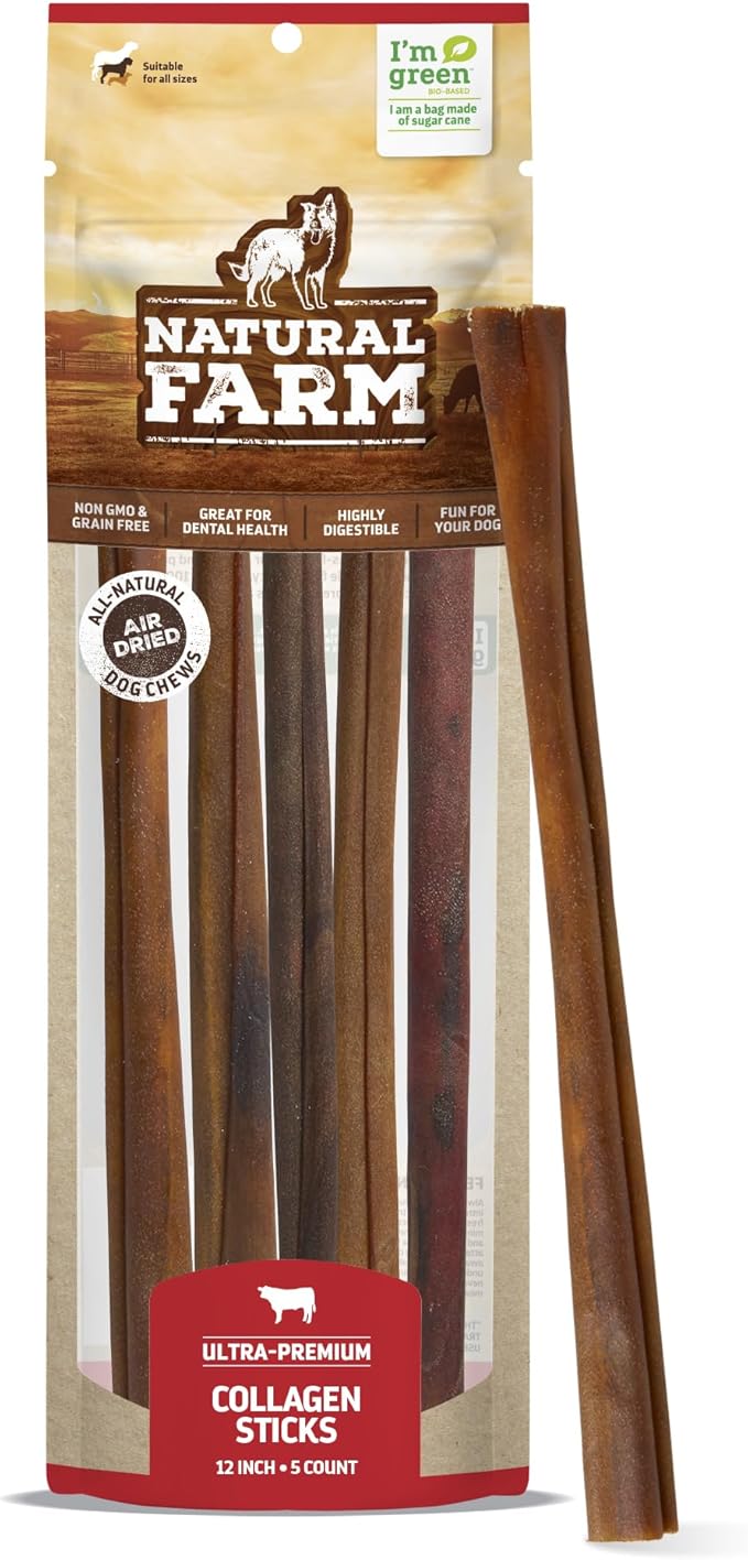 Natural Farm Collagen Dog Chews (12 Inch, 5 Pack), Odor-Free Long Lasting Bully Sticks & Rawhide Alternative Dog Treats, 95% Collagen Low Fat, High Protein – Medium & Large Dogs-Mewly Pet