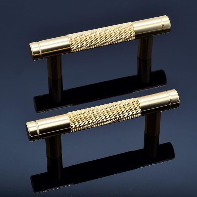 Knurled Cabinet Pulls 2 Pack, 3.5 Inch Long Cabinet Handles Metal Door Pulls, Kitchen Drawer Pull Knurled Dresser Handles - 2 1/2" Hole to Hole, Golden