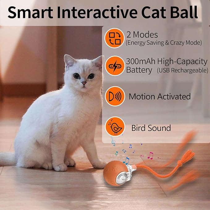 Interactive Cat Toys, Automatic Moving Cat Toys for Bored Indoor Adult Cats, Fast Rolling, Chirping & Motion-Activated Kitty Toys, Fun Gift for Cats with Speedy Tail 2.0, USB Rechargeable, Orange-Mewly Pet