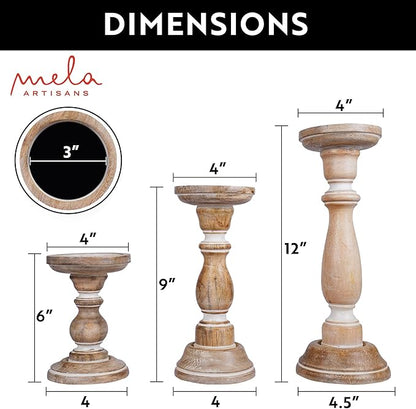 Mela Artisans Wooden Pillar Candle Holders | Tuli Design | Set of 3 Mango Wood Candlesticks | Whitewash | Sizes 6" & 9" & 12" | Decorative Centerpiece for Table | Mantel | Wedding | Living Room Decor
