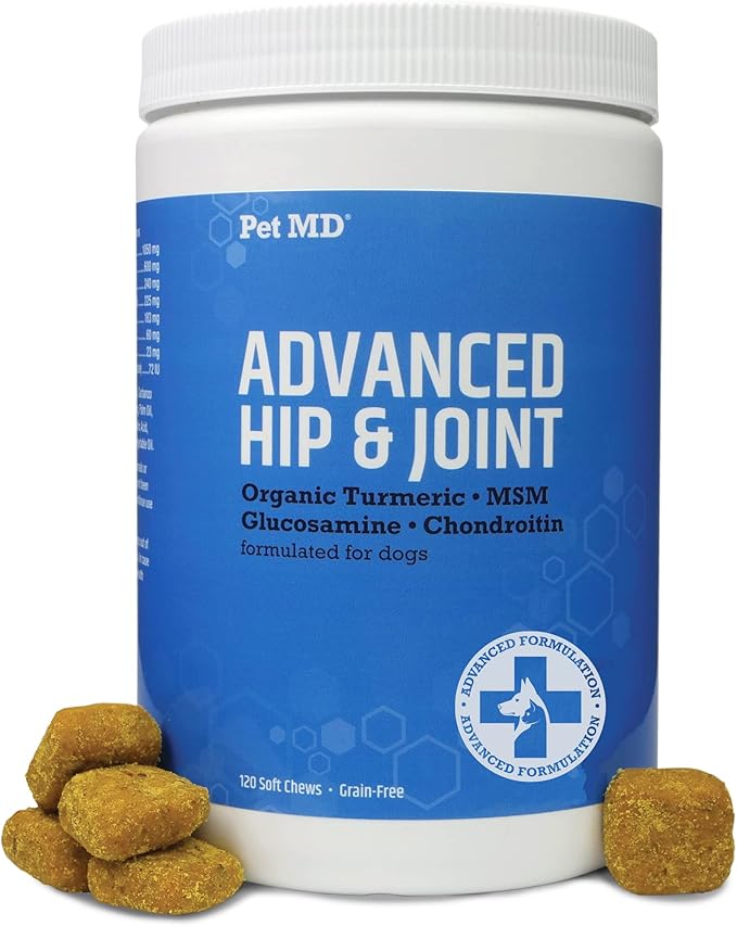Pet MD Glucosamine for Dogs | Dog Joint Supplement with Glucosamine, Chondroitin & MSM - Inflammatory Pain Relief Chews for Hip & Joints - Bacon Flavored - Includes Yucca & Turmeric - 120 Ct-Mewly Pet