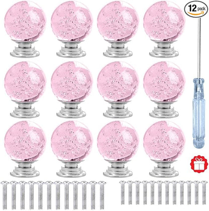 12 Pcs 30mm Round Shape Bubble Crystal Glass Cabinet Knobs with Screws Drawer Knob Pull Handle Used for Kitchen, Dresser, Door, Cupboard (Pink)