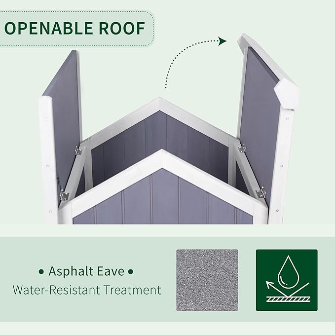 GEGURI Outdoor Cat House Weatherproof, Wooden Two-Story Feral Cat Shelter with Openable Roof, Escape Door, Balcony-Mewly Pet