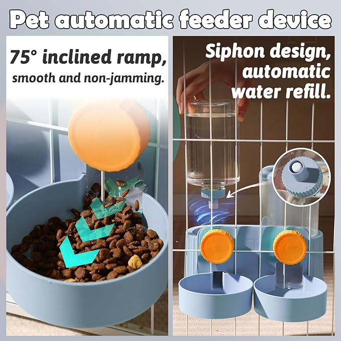 kathson Automatic Rabbit Food and Water Dispenser for Cage, Auto Gravity Bunny Feeder and Water Set Hanging Small Animal Feeding & Watering Supplies for Guinea Pig Ferret Puppy Kitten (Blue)-Mewly Pet